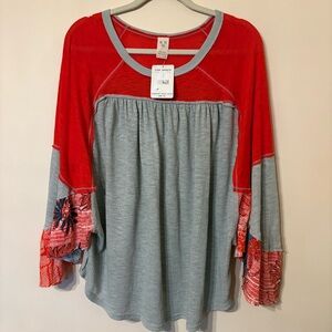 Free People Red and Gray Long Sleeve Top